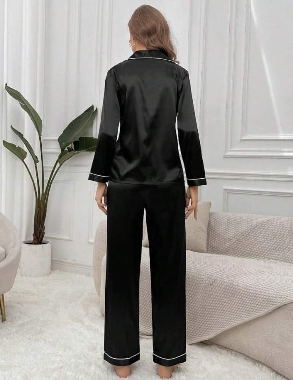 Black Silk Night Suit Turn Down Collar Long Sleeves