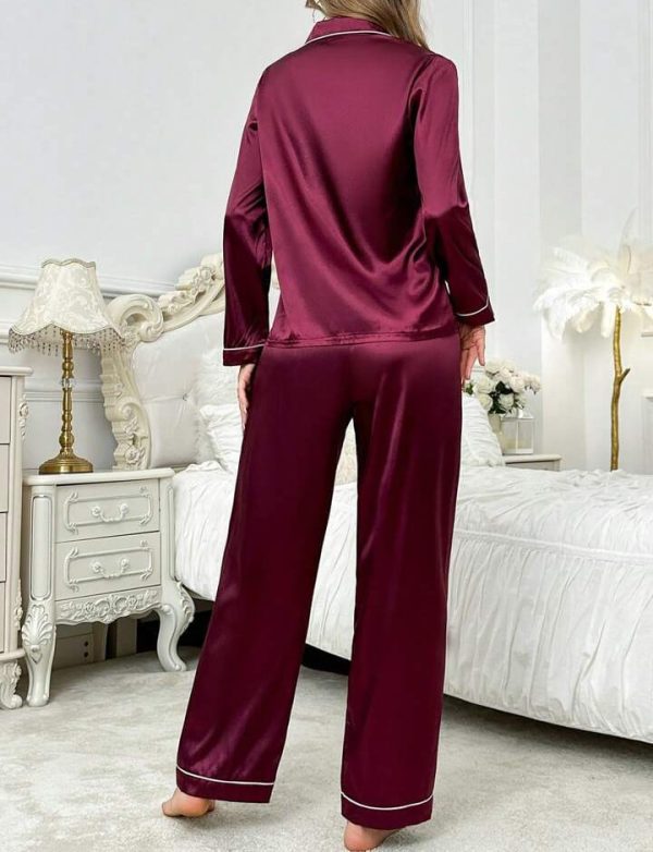 Purple Silk Night Suit Turn Down Collar Long Sleeves