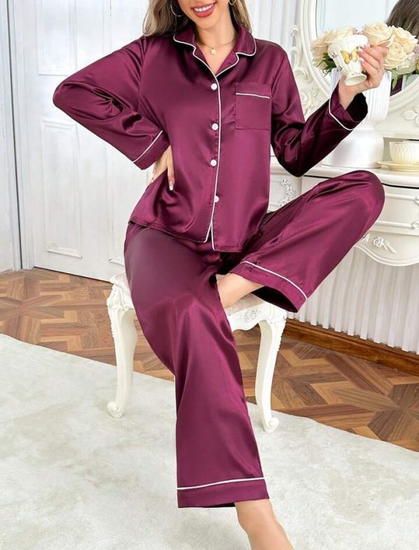 Purple Silk Night Suit Turn Down Collar Long Sleeves