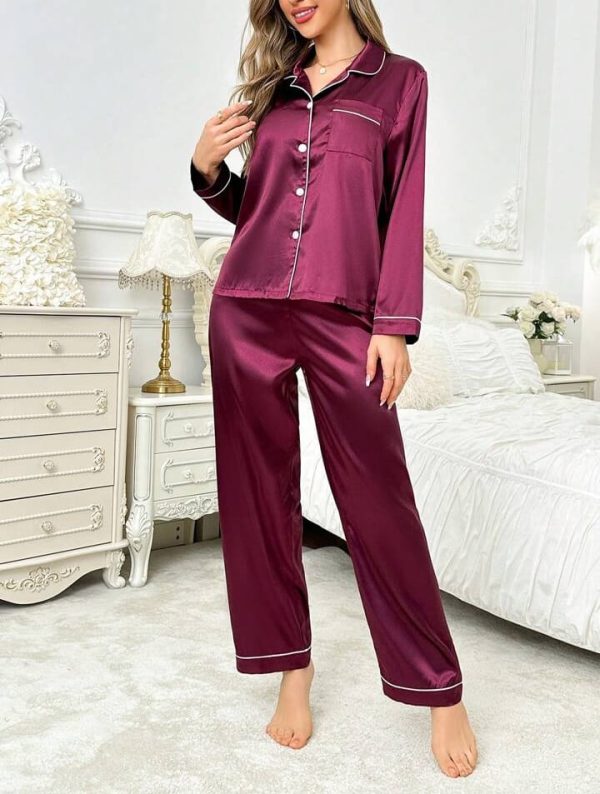 Purple Silk Night Suit Turn Down Collar Long Sleeves