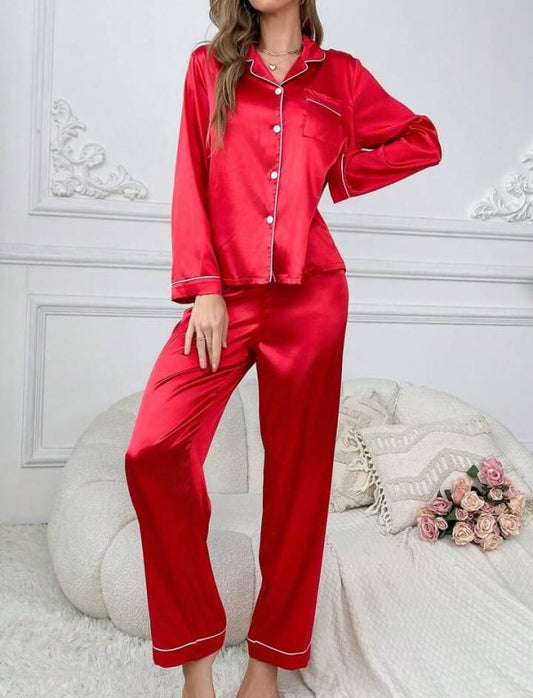 RED Silk Night Suit Turn Down Collar Long Sleeves