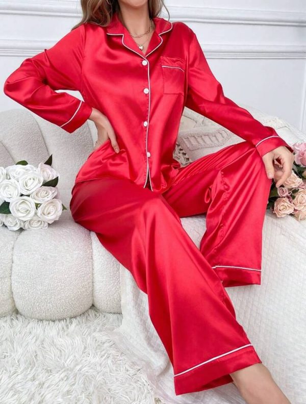 RED Silk Night Suit Turn Down Collar Long Sleeves