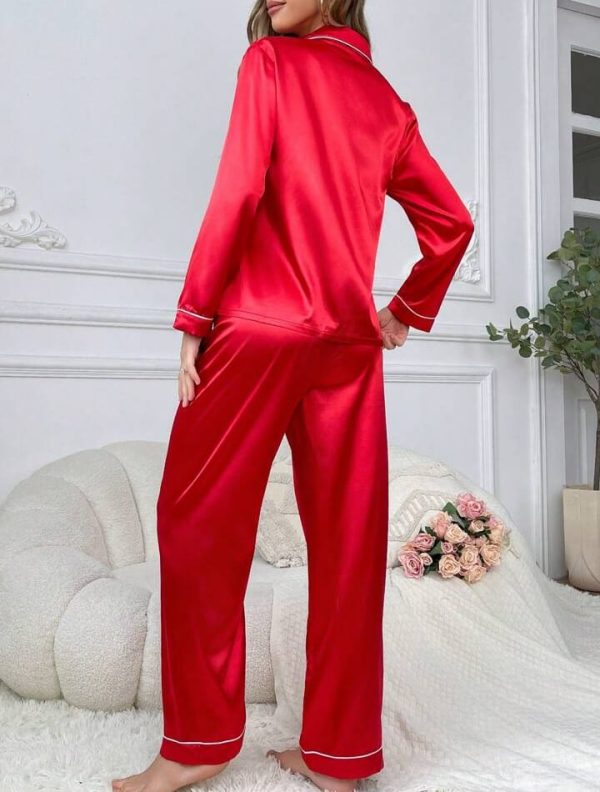 RED Silk Night Suit Turn Down Collar Long Sleeves